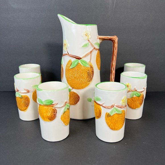 Vtg Napco Napcoware Good Morning Orange Juice Set Pitcher 6 Tumblers 50s Kitsch - Picture 1 of 14